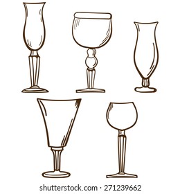 Stemware. Wine glasses in sketch style. Vintage glass illustration