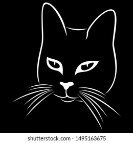 Stencil of abstract funny cat's muzzle, black vector hand drawing on the white background