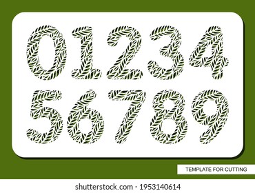 Stencil with all numbers. Carved floral pattern of leaves, twigs. Eco sign - 1 (one), 2 (two), 3 (three), 4 (four), 5 (five), 6 (six), 7 (seven), 8 (eight), 9 (nine), 0 (zero). Template for laser cut.