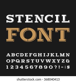 Stencil alphabet font. Serif type letters, numbers and symbols on the dark background. Vector typeface for labels, headlines, posters etc.