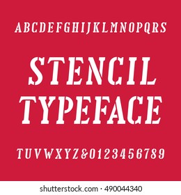 Stencil alphabet font. Serif type oblique letters and numbers. Vector typeface for your design.