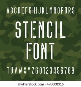 Stencil alphabet font. Type letters and numbers on camo background. Vector typography for your design.