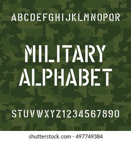 Stencil alphabet font. Type letters and numbers on pixel camo background. Vector typography for your design.