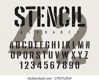 Stencil alphabet with grunge texture effect. Rough imprint stencil-plate font in military style. Vectors