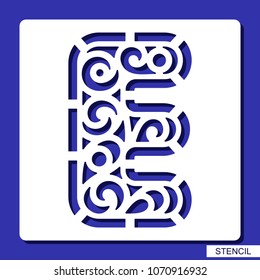 Stencil. Alphabet. Lacy letter E. Template for laser cutting, wood carving, paper cut and printing. Vector illustration.