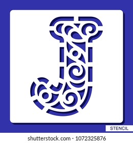 Stencil. Alphabet. Lacy letter J. Template for laser cutting, wood carving, paper cut and printing. Vector illustration.