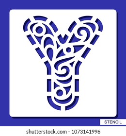 Stencil. Alphabet. Lacy letter Y. Template for laser cutting, wood carving, paper cut and printing. Vector illustration.