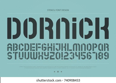 Stencil Alphabet Letters And Numbers. Vector, Geometric Font Type. Regular Typeface Design. Retro, Stylish Typesetting