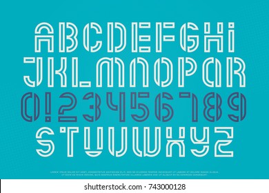 stencil alphabet letters and numbers. vector, outline font type. regular typeface design. medium contour typesetting