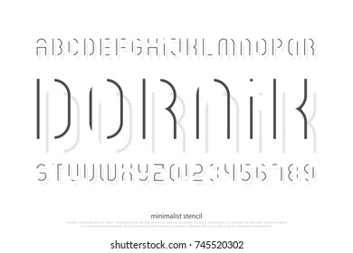 stencil alphabet letters and numbers. vector, light font type. regular typeface design. thin line, stylized typesetting