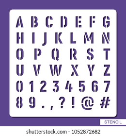 Stencil Alphabet. Numbers, Symbols, Punctuation Marks. Template For Laser Cutting, Wood Carving, Paper Cut And Printing. Vector Illustration.