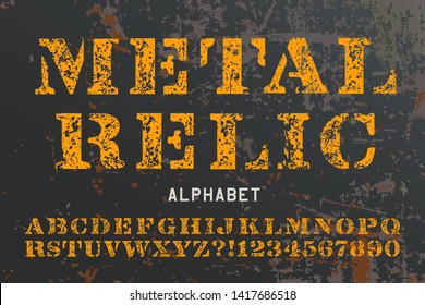 A stencil alphabet in the style of military relics, with heavy grunge effects. 