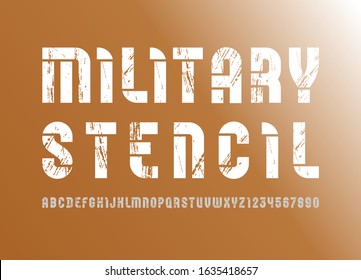 Stencil army font, condensed bold military alphabet, modern geometric modular letters and numbers, book symbols for newspaper headline or your street poster design, vector illustration
