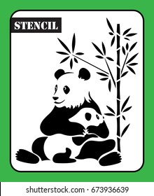 Stencil art. Panda with a cub in bamboo thickets. Silhouette giant pandas, mother and a baby for your design. May be used for laser cutting or die cutting machines. Vector illustration.