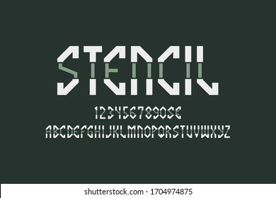 Stencil artistic display font. Gray white angular letters, numbers and currency signs. Isolated english alphabet. Vector monochrome lettering.