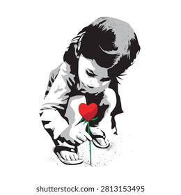 A stencil artwork of a child holding a heart-shaped flower, symbolizing love, hope, and innocence through bold monochrome contrast with a vibrant red accent.