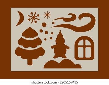 A stencil for baby creativity. Silhouettes of Christmas items.Template for laser cutting, wood carving, paper cutting and printing. Vector illustration.