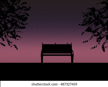 Stencil bench against the backdrop of a starry night sky Design for card. Vector