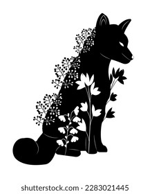 El zorro negro del esténcil se sienta en el césped y las flores en un fondo blanco. Para el corte con trazador y láser. Ilustración vectorial.
