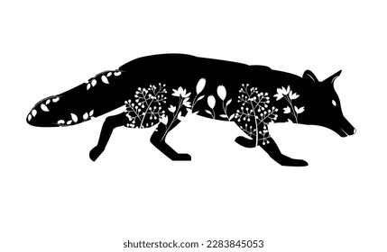 El zorro negro del esténcil camina por el césped y las flores sobre un fondo blanco. Para el corte con trazador y láser. Ilustración vectorial.