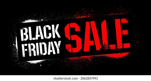 Stencil Black Friday Sale inscription. White and red graffiti print on dark background. Vector design street art