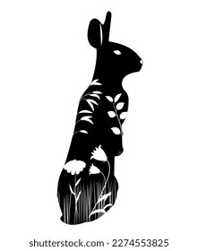 Stencil black rabbit stands stencil in grass and flowers on a white background. For plotter cutting. Vector illustration.