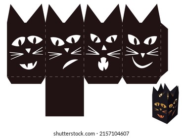 Stencil of a box or a flashlight for Halloween with a cat's muzzle. Holiday crafts, Halloween decor, Paper craft.