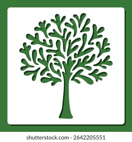 Stencil cartoon tree. The theme of nature, plants, leaves, ecology, environment, summer. Template for plotter laser cutting of paper, fretwork, wood carving, metal engraving, cnc. Vector illustration.