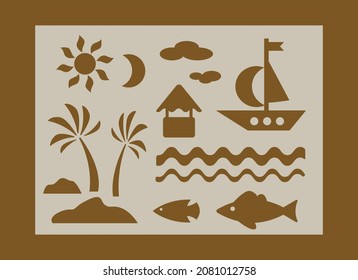 
Stencil For Children Creativity. Silhouettes Of Moon,sun,palm,boat,fishes,hut.Template For Laser Cutting, Wood Carving, Paper Cut And Printing. Vector Illustration.