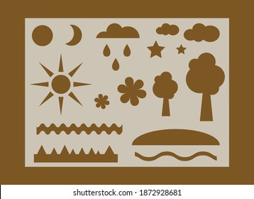   Stift für die Kreativität von Kindern. Silhouetten aus Mond, Sonne, Bäumen, Blumen, Gras. Vorlage für Laserschneiden, Holzschnitzereien, Papierschneiden und Drucken. Vektorgrafik.