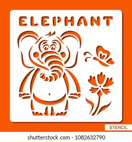 Stencil for children. Elephant, butterfly, flower. Template for laser cutting, wood carving, paper cut and printing. Vector illustration.