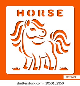 Stencil for children. Horse on the grass. Template for laser cutting, wood carving, paper cut and printing. Vector illustration.