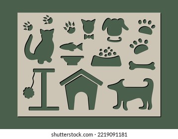 Una plantilla para la creatividad de los niños. Siluetas de mascotas, perros
 gatos y accesorios .Plantilla para corte láser, tallado de madera, corte de papel e impresión. Ilustración vectorial.