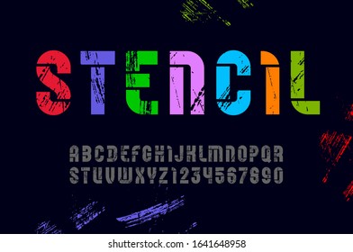 Stencil colored font, condensed bold bright alphabet, modern letters and numbers, for your street design, vector illustration