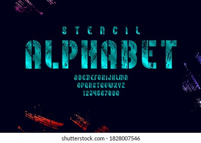 Stencil colored font, condensed bright alphabet, modern uppercase letters and numbers, vector illustration 10EPS