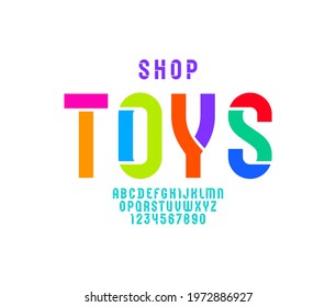 Stencil colored font, condensed bright alphabet, modern geometric modular letters and numbers, vector illustration 10EPS