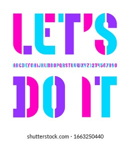 Stencil colorful font, condensed bold bright alphabet, modern geometric modular letters and numbers, book symbols for party or your design, vector illustration 10EPS