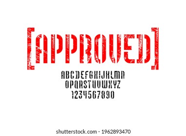 Stencil condensed font, condensed textured alphabet, red modern uppercase letters and numbers, vector illustration 10eps