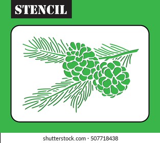 Stencil of coniferous branches and pine cones isolated. Christmas tree branches silhouette. Spruce decor element. Nature illustration. Laser cutting template. Die cut pattern for decorative panel. 