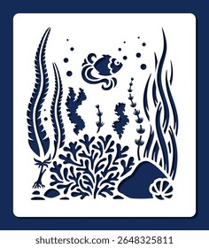 Stencil cute fish, seaweed, shell, stones. Marine underwater life of the sea, ocean, lake, river. Template for plotter laser cutting of paper, wood carving, metal engraving, cnc. Vector illustration.