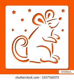 Stencil with a cute mouse. Cartoon character. Silhouette of rat. Template for laser cutting, wood carving or paper cut. Decor for children's. Vector illustration.