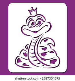 Stencil cute snake in a crown. Cheerful cartoon character, boa girl. Animal theme, zoo. Template for plotter laser cutting of paper, fretwork, wood carving, metal engraving, cnc. Vector illustration.