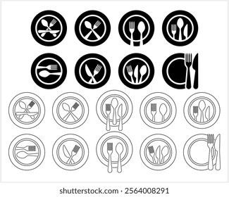 Stencil cutlery fork spoon knife plate icon isolated Food clipart Vector stock illustration