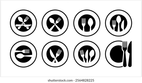 Stencil cutlery fork spoon knife plate icon isolated Food clipart Vector stock illustration