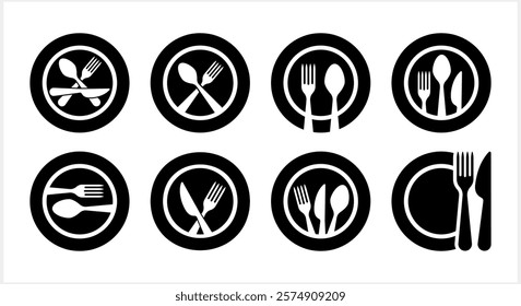 Stencil cutlery fork spoon knife plate icon isolated Food stencil clipart Vector stock illustration