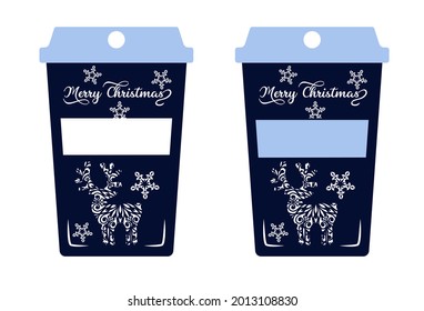Stencil for cutting. Coffee cups with fishnet deer and inscription Merry Christmas.