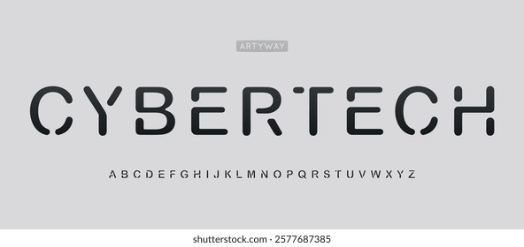 Stencil cyber tech alphabet, modern futuristic font for cybersecurity, software development, gaming, robotics, blockchain, fintech, electronics, branding, UI UX design, sci-fi. Vector typeset