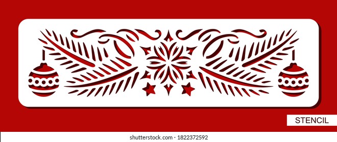 Stencil decorative Christmas border with fir tree branch, stars, snowflake, balls, ribbons. Decoration template for walls or cards. Vector layout for laser cutting or paper cut.