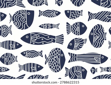 Stencil doodle fish seamless pattern.  Vector illustration art backdrop