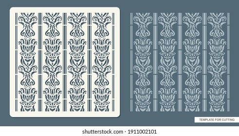 Stencil for drawing a classic pattern. Ornament from decorative leaves, flowers, lines. Seamless texture for decorating walls, surfaces. Vector template for laser cutting paper, cardboard, plastic.